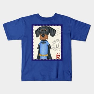 Superhero Dachshund Doxie with Bat emblem and Cape Kids T-Shirt